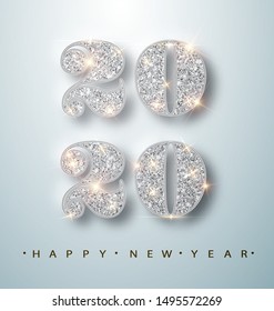 Happy New Year Banner with Silver 2020 Numbers on Bright Background with Flying Confetti and Streamers. Vector illustration