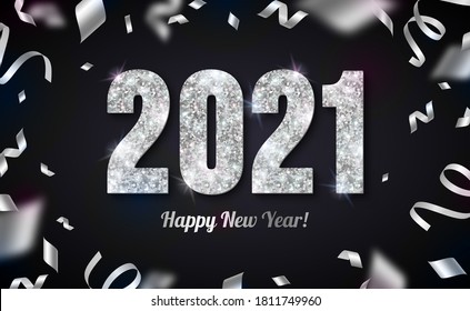 Happy New Year Banner with Silver 2021 Numbers on Black Background with Flying Confetti and Streamers. Vector illustration