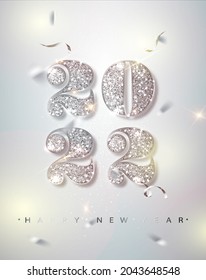 Happy New Year Banner with Silver 2022 Numbers on Bright Background with Flying Confetti.
