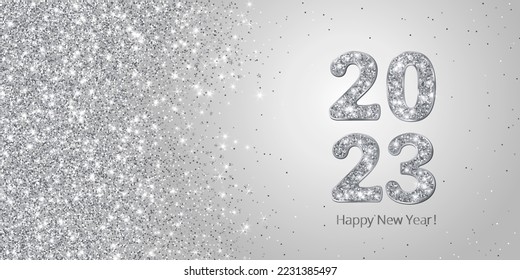 Happy New Year banner. Silver glitter sparkling background. 2023 vector glitter numbers. Falling glitter texture. For holiday season cards, headers, party posters. Festive celebration backdrop.