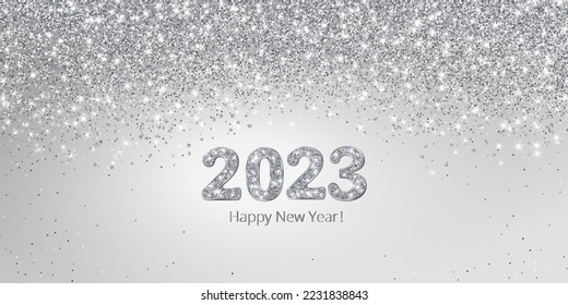 Happy New Year banner. Silver glitter sparkling background. 2023 vector glitter numbers. Falling glitter texture. For holiday season cards, headers, party posters. Festive celebration backdrop.