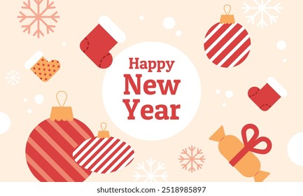 Happy New Year banner with simple geometric elements. Christmas celebration greeting, card template, background with modern graphics. Vector illustration.