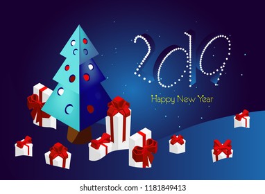 Happy New Year. Banner for the site. 2019 on a blue background with stars , Christmas trees and gifts. Isometric, 3d