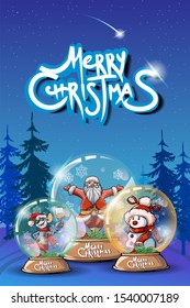 Happy New year, banner with snow globe, Santa, snowman,rat and night landscape