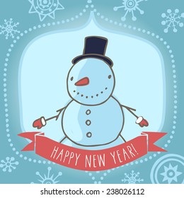 Happy New  Year banner with snowman in cartoon style