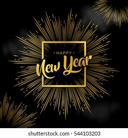 Happy new year banner with square frame and fireworks backgrounds