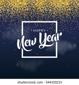 Happy new year banner with square frame and gold confetti backgrounds
