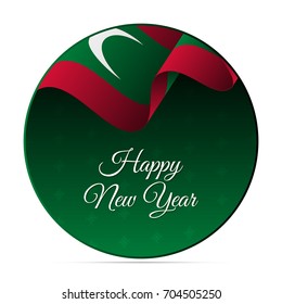 Happy New Year banner or sticker. Maldives waving flag. Snowflakes background. Vector illustration.