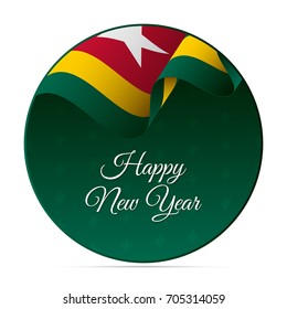 Happy New Year banner or sticker. Togo waving flag. Snowflakes background. Vector illustration.