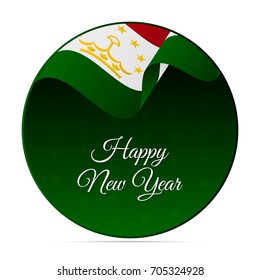 Happy New Year banner or sticker. Tajikistan waving flag. Snowflakes background. Vector illustration.