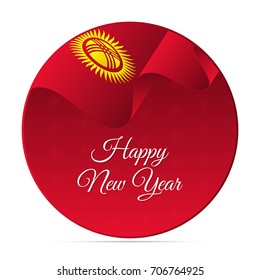 Happy New Year banner or sticker. Kyrgyzstan waving flag. Snowflakes background. Vector illustration.