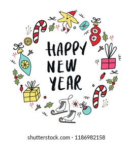 Happy New Year banner template. Circular ornament with christmas decorations and hand drawn lettering. Vector illustration.