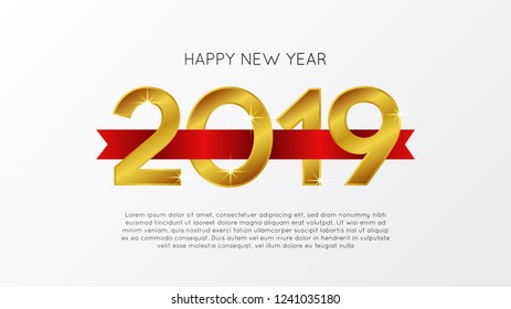 Happy new year banner template with 3d gold number and red ribbon