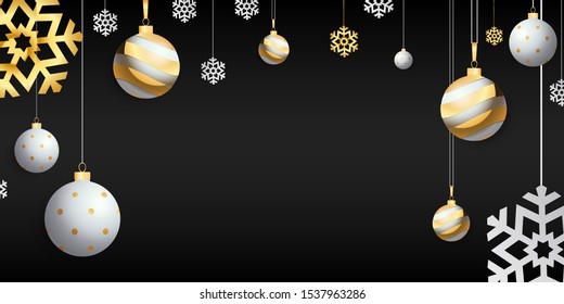 Happy New Year banner template for website or postcard. Background with gold Christmas toys, snowflakes and glitter.