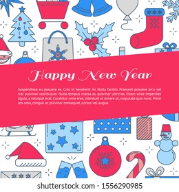 Happy New Year banner template in colored line style with place for text. Background with holiday symbols. Vector illustration.