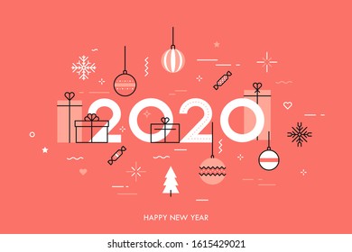 Happy New Year banner template with 2020 number decorated by confetti, candies, baubles, snowflakes, holiday gift boxes. Linear vector illustration for festive poster, postcard, greeting card.