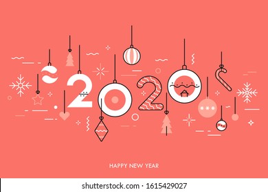 Happy New Year banner template with 2020 number decorated by sugar canes, baubles, snowflakes, holiday gift boxes. Celebratory vector illustration in linear style for festive postcard, greeting card.