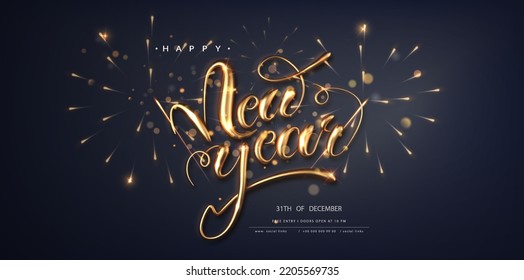 Happy new year banner template on dark background. Gold calligraphy lettering greeting card concept.