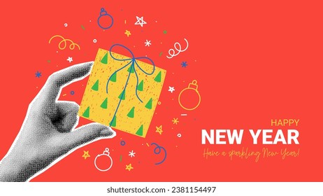 Happy New Year banner template. Vector illustration with halftone hand holding gift box and hand drawn doodle. Retro holiday banner for decoration cards, greetings, posters, parties and social media.