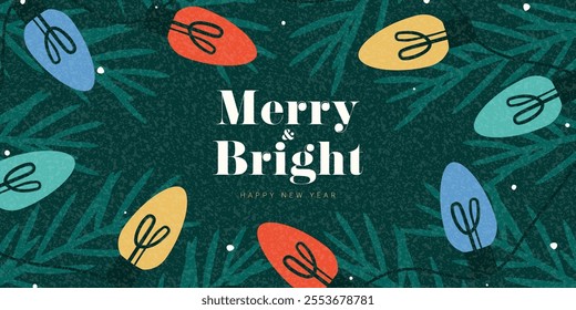Happy New Year banner template. Trendy vector illustration with colorful garlands, Christmas tree and typography design. Holiday New Year banner for card, ads, poster, cover, social media.
