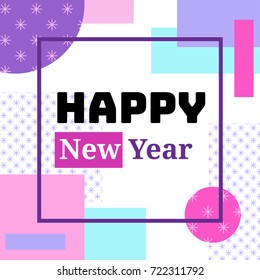 Happy new year banner in trendy 90s style with lines, triangles, frames, party background or invitation template, cover, greeting card, poster vector illustration