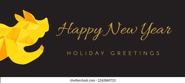 Happy New Year banner vector template. Yellow pig poly art silhouette with calligraphic lettering