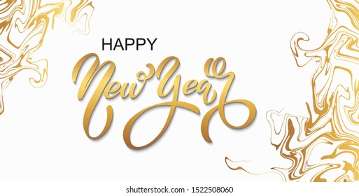 Happy new year banner. Vector illustration of a happy new year in gold and black colors. Beautiful inscription. Background for the holiday.