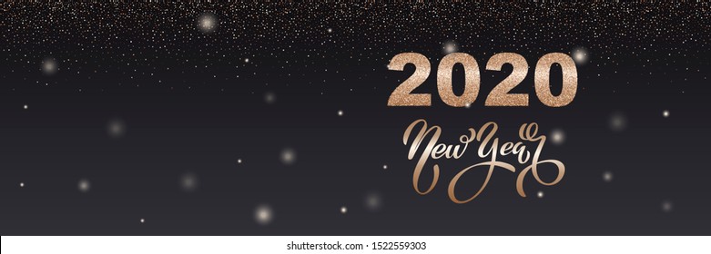 Happy new year banner. Vector illustration of a happy new year in gold and black colors. Beautiful inscription. Background for the holiday.