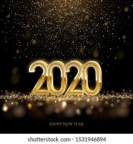 Feliz año nuevo. Vacaciones de invierno, felicitaciones de Navidad. Postal festiva, concepto de tarjetas de felicitación de lujo. Número 2020 con ilustración de brillo dorado con espacio de texto