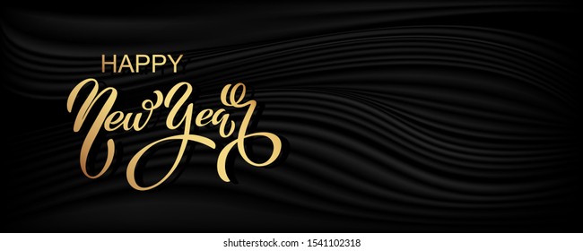 Happy new year banner. Vector illustration of a happy new year in gold and black colors. Beautiful inscription. Background for the holiday.
