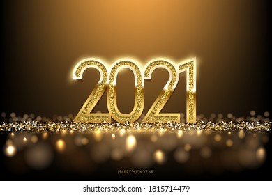 Happy new year banner vector template. Winter holiday, christmas congratulations. Festive postcard, luxurious greeting card concept. 2021 number with golden glitter illustration with text space