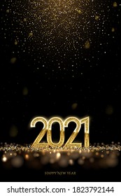 Happy new year banner vector template. Winter holiday, christmas congratulations. Festive postcard, luxurious greeting card concept. 2021 number with golden glitter illustration with text space - Shutterstock ID 1823792144
