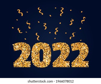 Feliz año nuevo patrón vectorial de banner. Números de brillo de oro, confeti y cintas