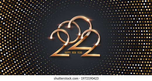 Happy New Year banner vector template. Winter holiday, Christmas congratulations. Festive postcard, luxurious greeting card concept. Gold 2022 number with golden glitter illustration with text space