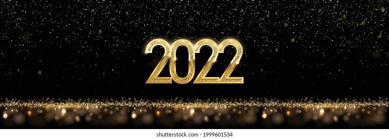 Happy New Year banner vector template. Winter holiday, Christmas congratulations. Festive postcard, luxurious greeting card concept. Gold 2022 number with golden glitter illustration with text space