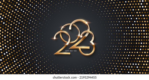 Happy New Year banner vector template. Winter holiday, Christmas congratulations. Festive postcard, luxurious greeting card concept. Gold 2023 number with golden glitter illustration with text space.
