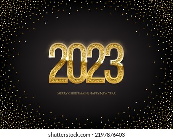 Plantilla de vector de banner de Año Nuevo Feliz. Vacaciones de invierno, felicitaciones de Navidad. Postales festivas, concepto de tarjetas de felicitación de lujo. Los números Gold 2023 con brillo dorado.