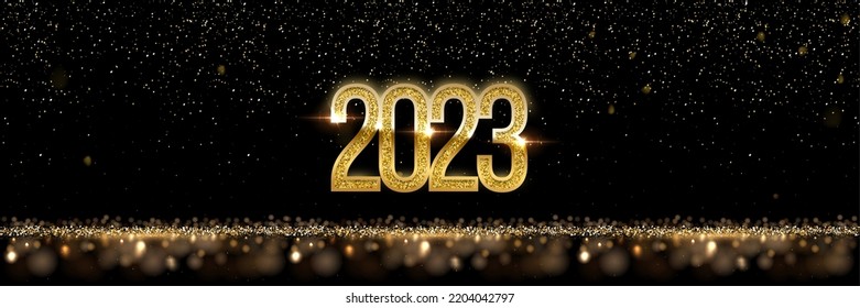 Happy New Year banner vector template. Winter holiday, Christmas congratulations. Festive postcard, luxurious greeting card concept. Gold 2023 number with golden glitter illustration with text space.