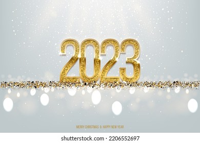 Happy New Year banner vector template. Winter holiday, Christmas congratulations. Festive postcard, luxurious greeting card concept. Gold 2023 number with golden glitter illustration with text space