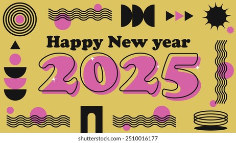 Ilustración de diseño de Vector de Anuncio de feliz año nuevo en estilo brutalismo.