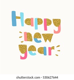 Happy new year banner. Vector hand drawn typography card in the style of 80's. Modern abstract design poster, cover, card design.