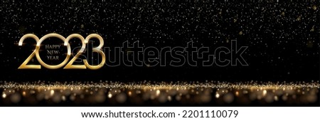 Happy New Year banner vector template. Winter holiday, Christmas congratulations. Festive postcard, luxurious greeting card concept. Gold 2023 number with golden glitter illustration with text space.