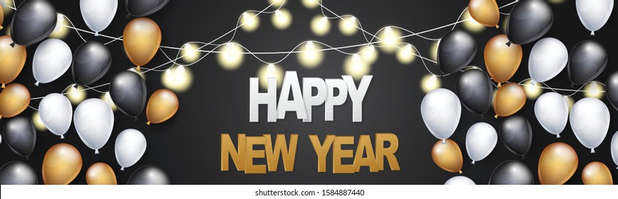 Happy New Year banner, website header or newsletter ad decoration. Winter holiday celebration designs concept with balloons, garland lights, and golden lettering. Vector illustration.