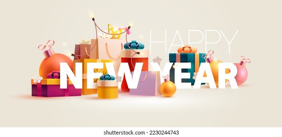 Happy New Year banner. White big letters with colored gift boxes and Christmas decoration. Realistic holiday composition for greeting cards, posters, web, flyers