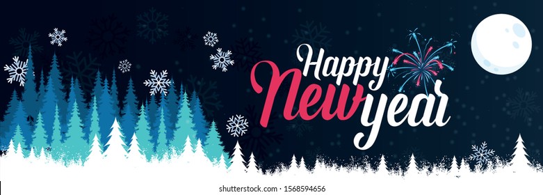 happy new year banner with winter landscape background. happy new year greeting card design includes snowflakes, fireworks, xmas trees and moon. Vector illustration
