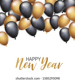 Happy New Year banner. Winter holiday design concept with golden and black balloons. Vector illustration.