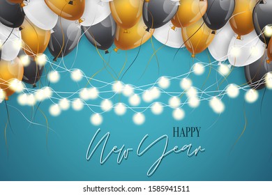 Happy New Year banner. Winter holiday celebration design concept with golden, black, and white balloons, garland lights on blue background. Vector illustration.