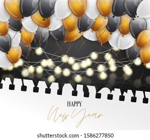 Happy New Year banner. Winter holiday celebration design concept with golden, black, and white balloons, garland lights, under torn out sheet of paper. Vector illustration.