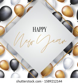 Happy New Year banner. Winter holiday design concept with golden and black balloons. Vector illustration.