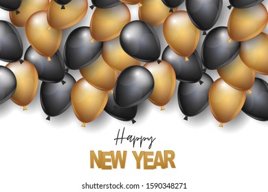 Happy New Year banner. Winter holiday design concept with golden and black balloons. Vector illustration.